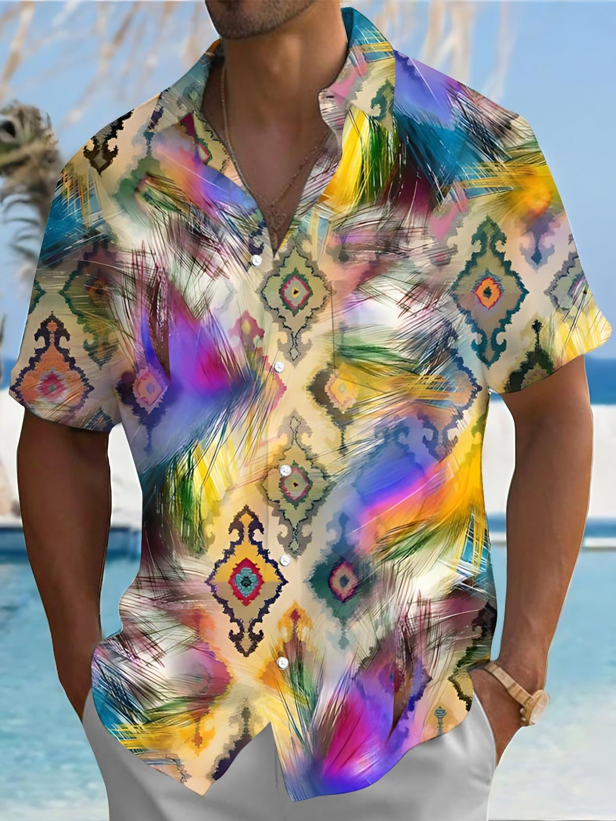 Men's geometric feather print pocket short sleeve shirt front view