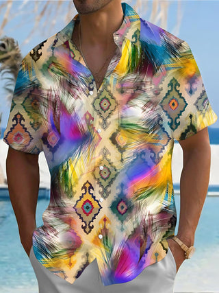 Men's geometric feather print pocket short sleeve shirt front view