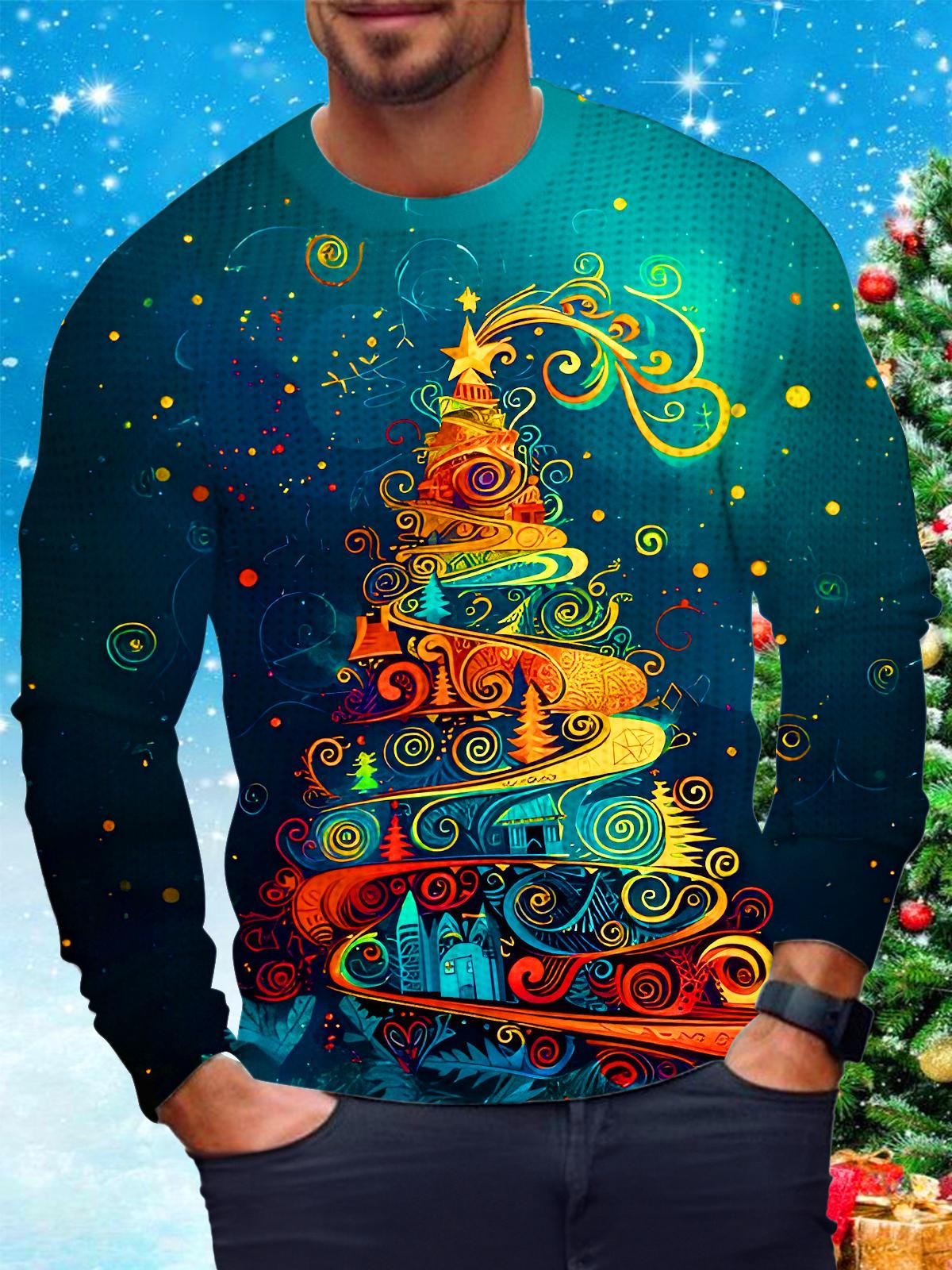 Swirls Christmas Tree Xmas Men's Long Sleeve Round Neck Tops
