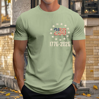 Men relaxed fit American flag print short sleeve graphic t-shirt lifestyle front view for Independence Day