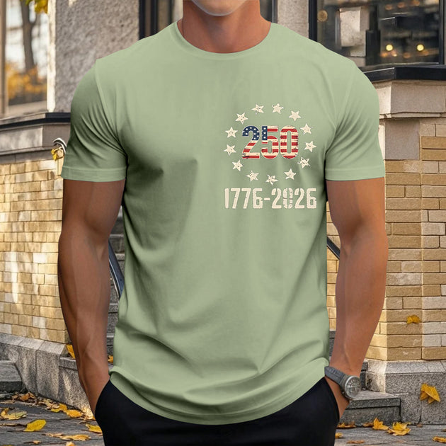 Men relaxed fit American flag print short sleeve graphic t-shirt lifestyle front view for Independence Day