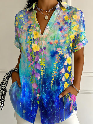 Art Watercolor Bellflower Floral Women's Short Sleeve Shirts