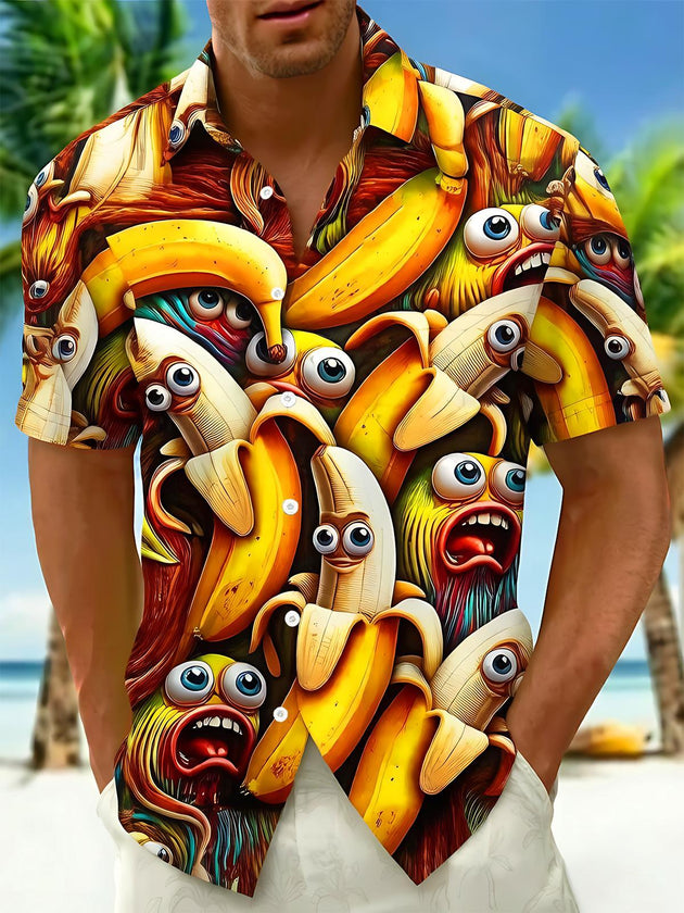 Fun Funny Cartoon Anthropomorphic Banana Men's Pocket Short Sleeve Shirts