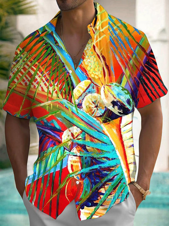 Men's Hawaiian coconut tree print short sleeve shirt front view tropical beach vacation