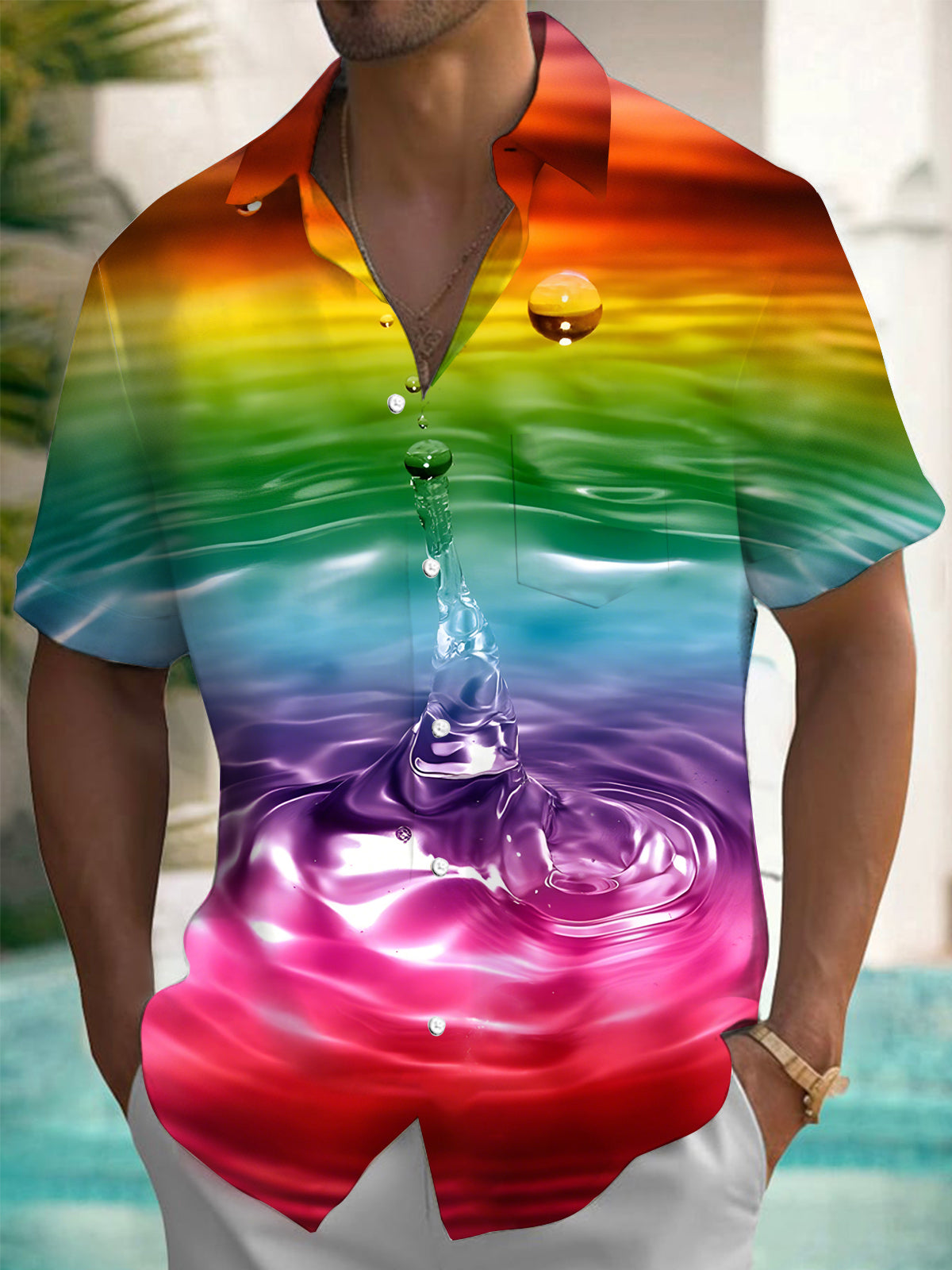 Rainbow Water Drop Print Men's Pocket Short Sleeve Shirts