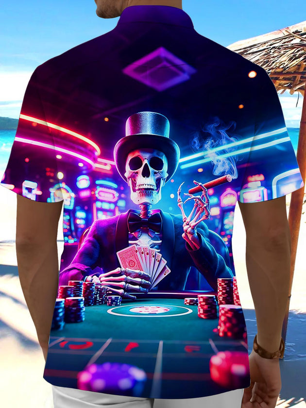 Neon Casino Skeleton Skull Poker Men's Pocket Short Sleeve Shirts
