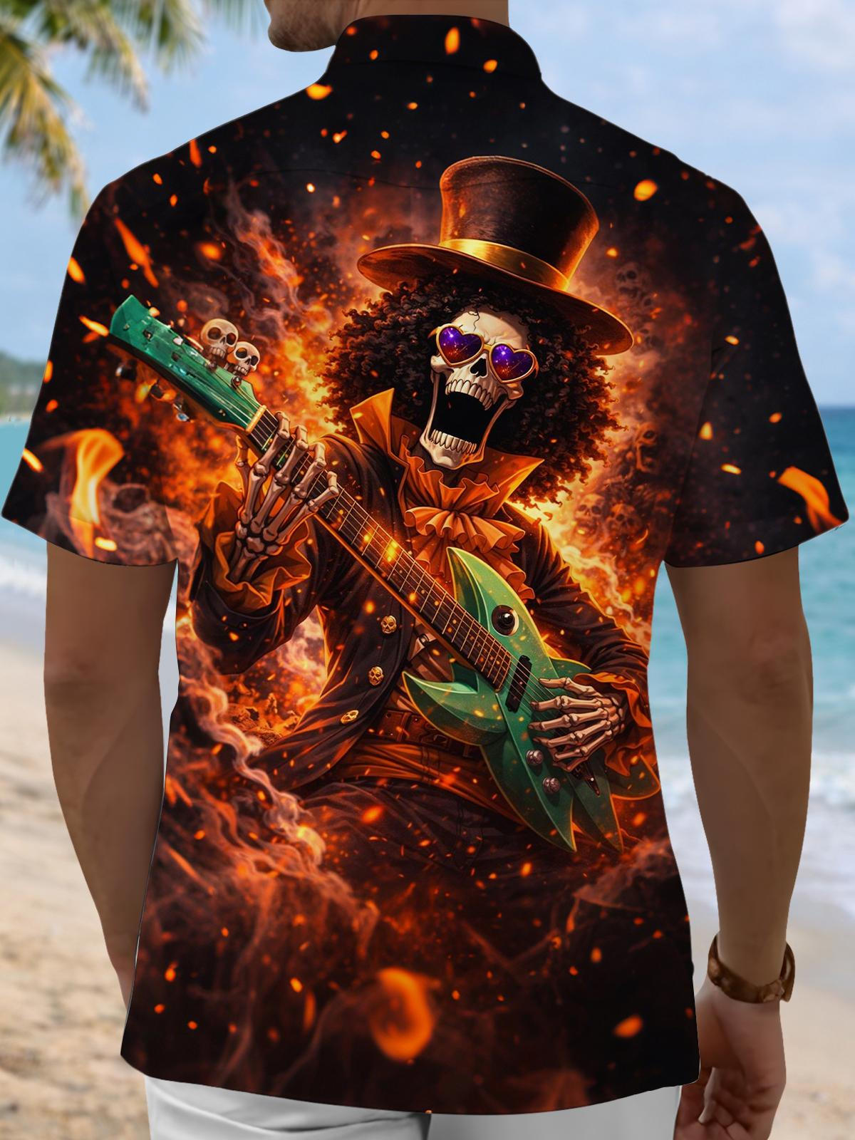 Rock Skull Playing Guitar Print Men's Pocket Short Sleeve Shirts