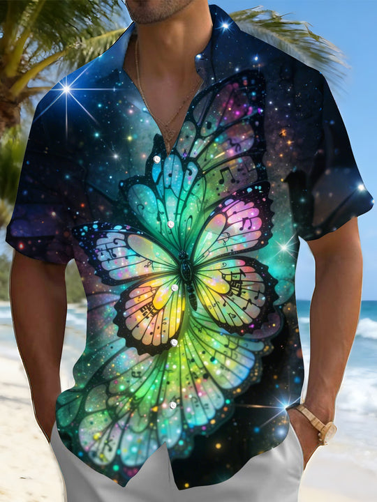 Men's butterfly print pocket short sleeve shirt front view