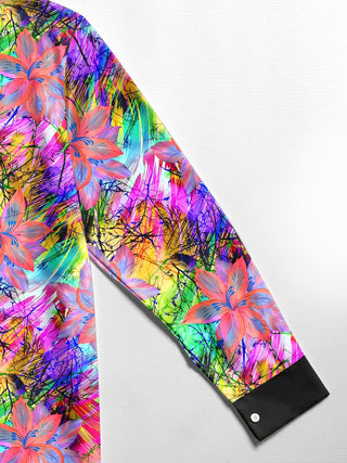 Men's tie dye floral long sleeve shirt close-up detail view