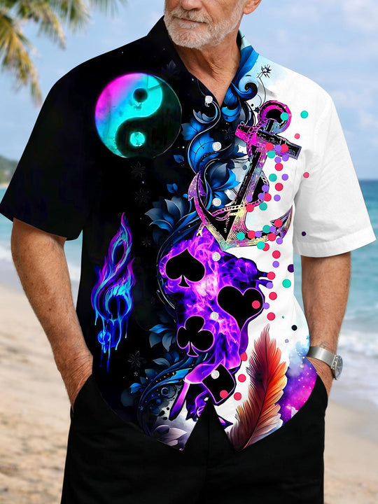Marine Anchor Poker Musical Note Men's Pocket Short Sleeve Shirts