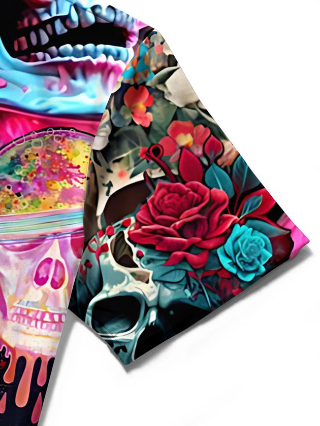 men's skull print short sleeve flat lay shirt