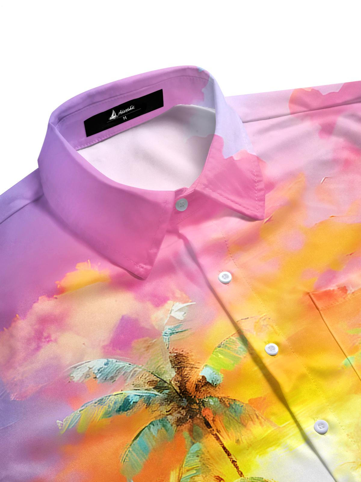 Hawaiian Oil Painting Coconut Tree Men's Pocket Short Sleeve Shirts
