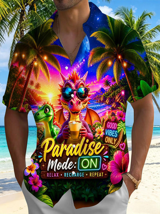 Vacation Tropical Dinosaur Party Hawaiian Men's Pocket Short Sleeve Shirts