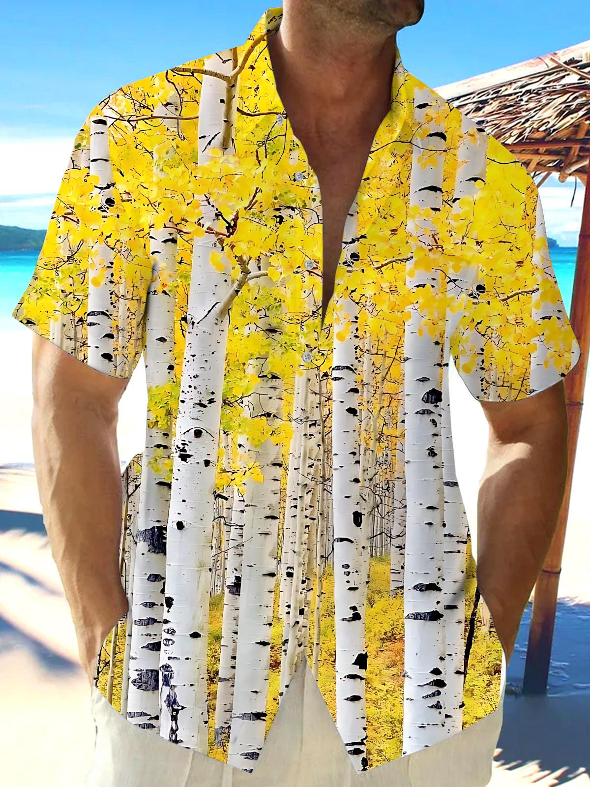 White Poplar Print Men's Pocket Short Sleeve Shirts