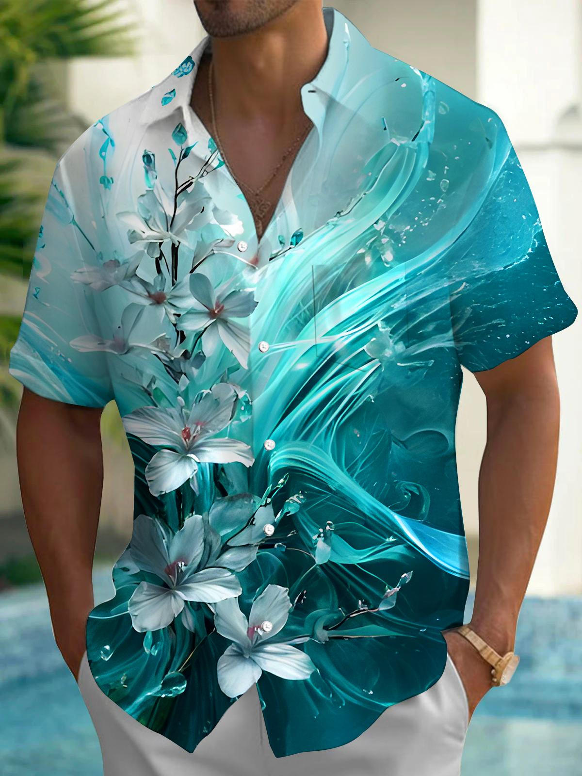 Gradient Art Floral Men's Pocket Short Sleeve Shirts