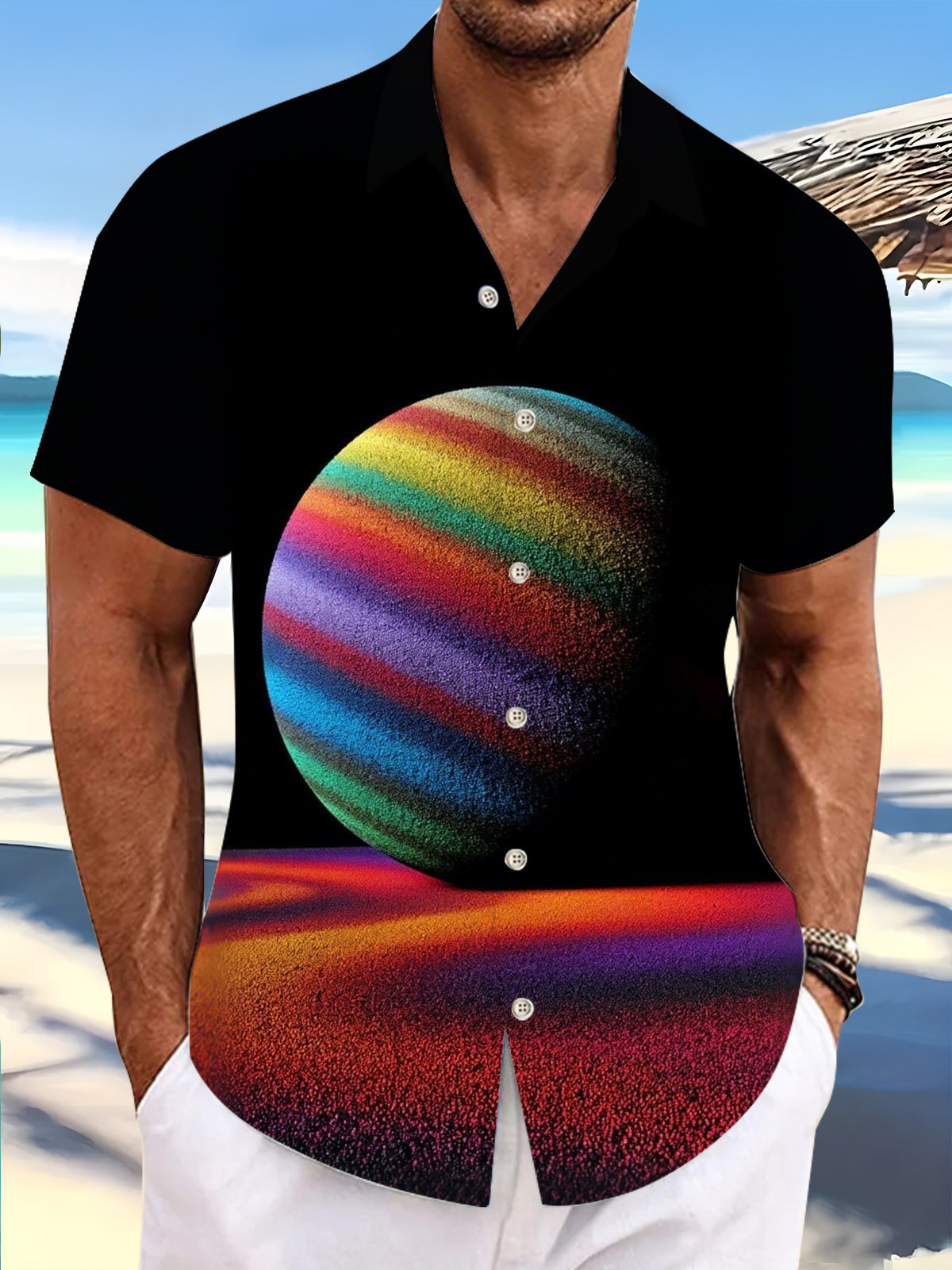 Cosmic Planet Print Men's Pocket Short Sleeve Shirts