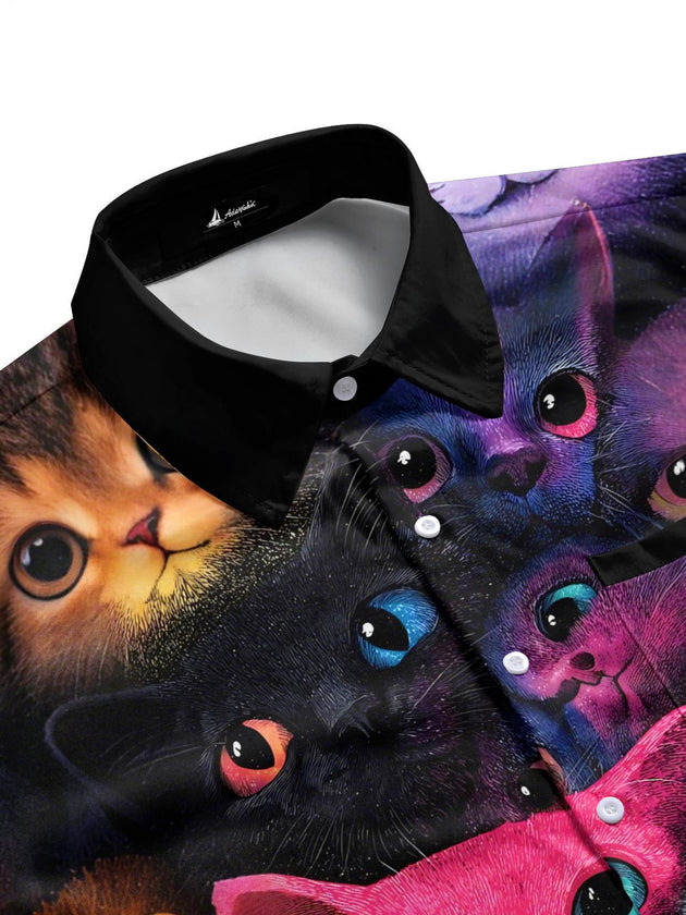 Men's cat print short sleeve shirt side view