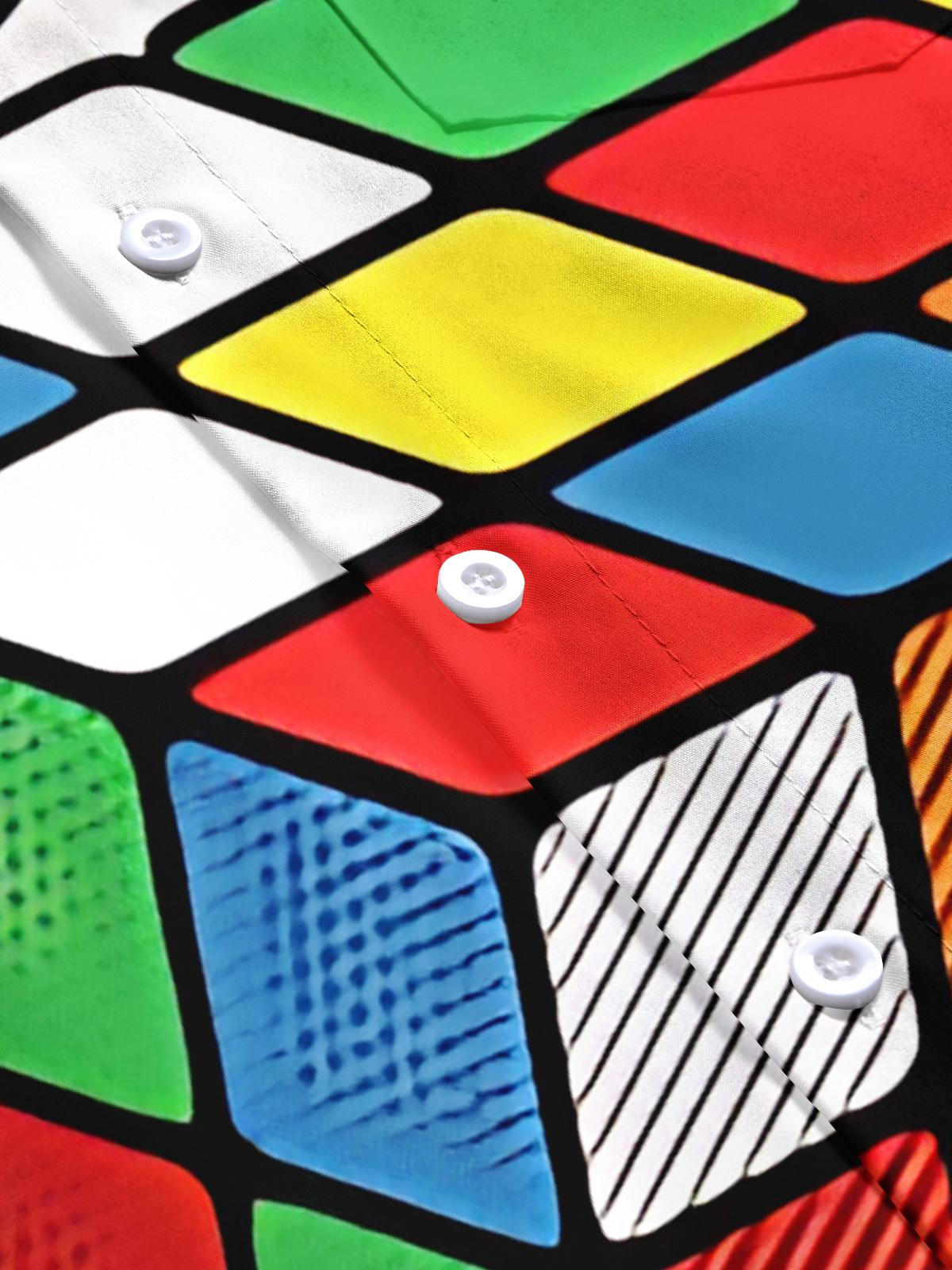 Rubik's Cube Print Men's Pocket Short Sleeve Shirts