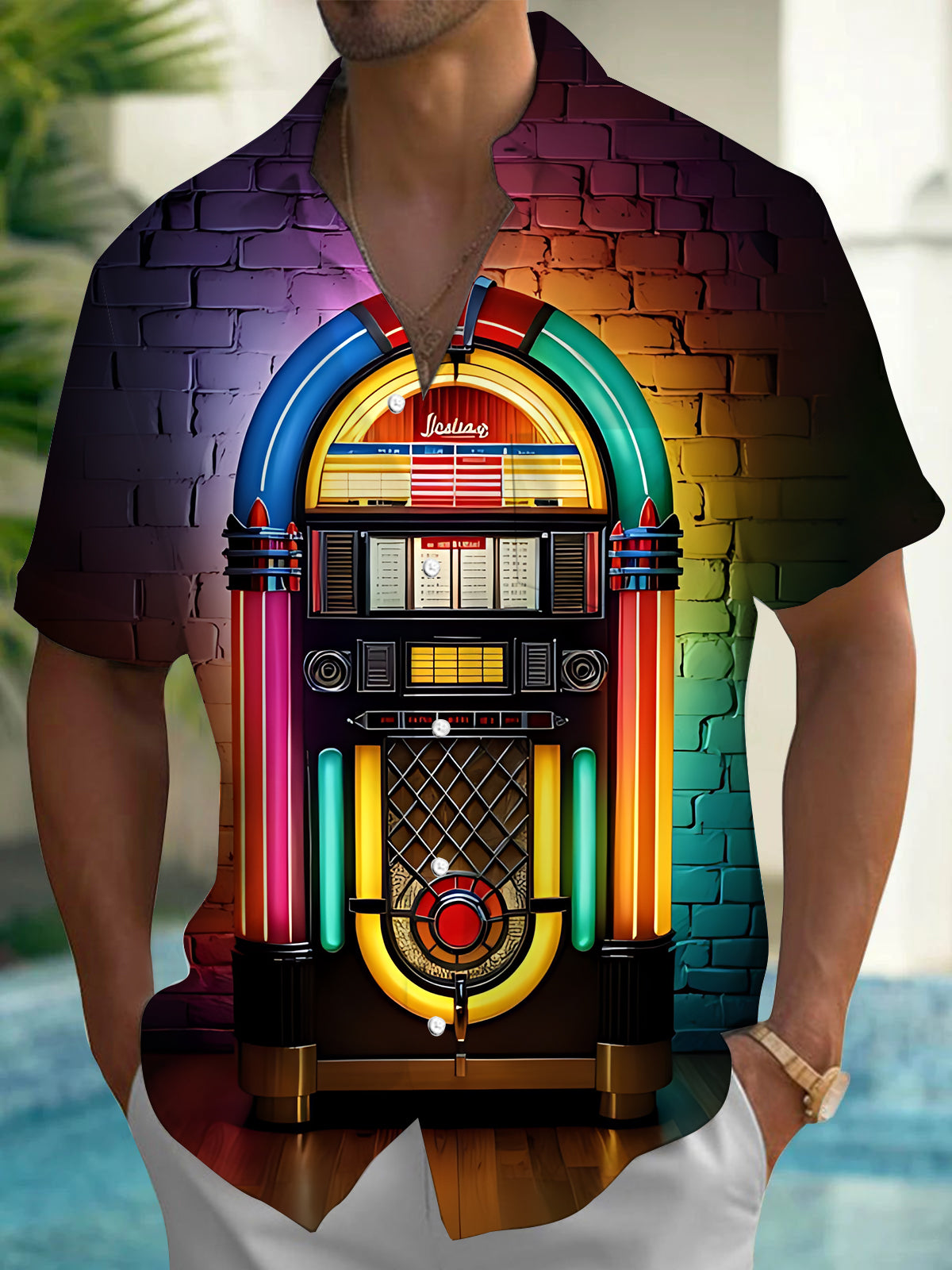 Jukebox Print Men's Pocket Short Sleeve Shirts