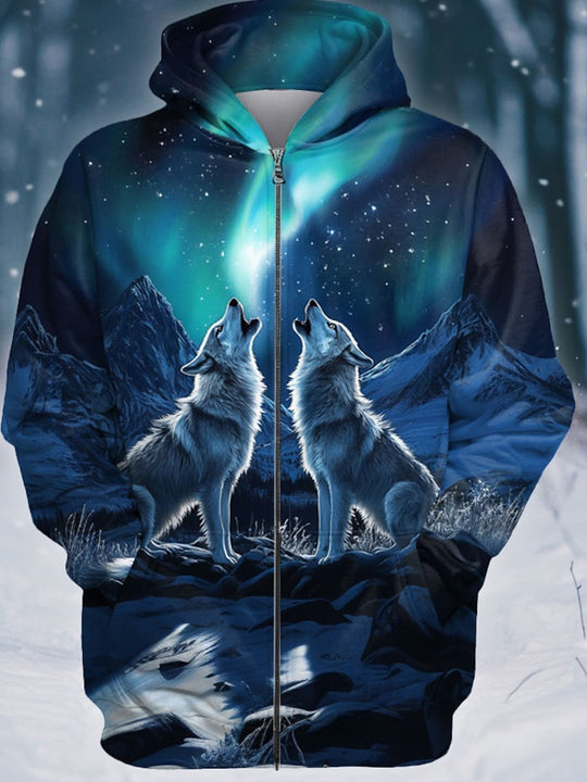 Men's gray wolf graphic long sleeve zip up hoodie front view