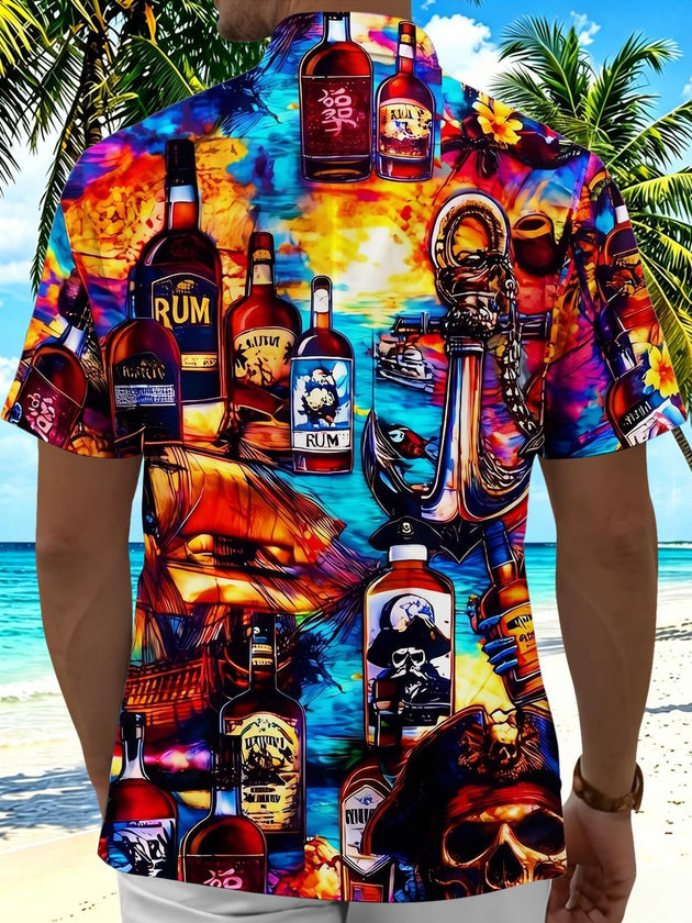 Colorful Pirate Skull Rum Wine Men's Pocket Short Sleeve Shirts