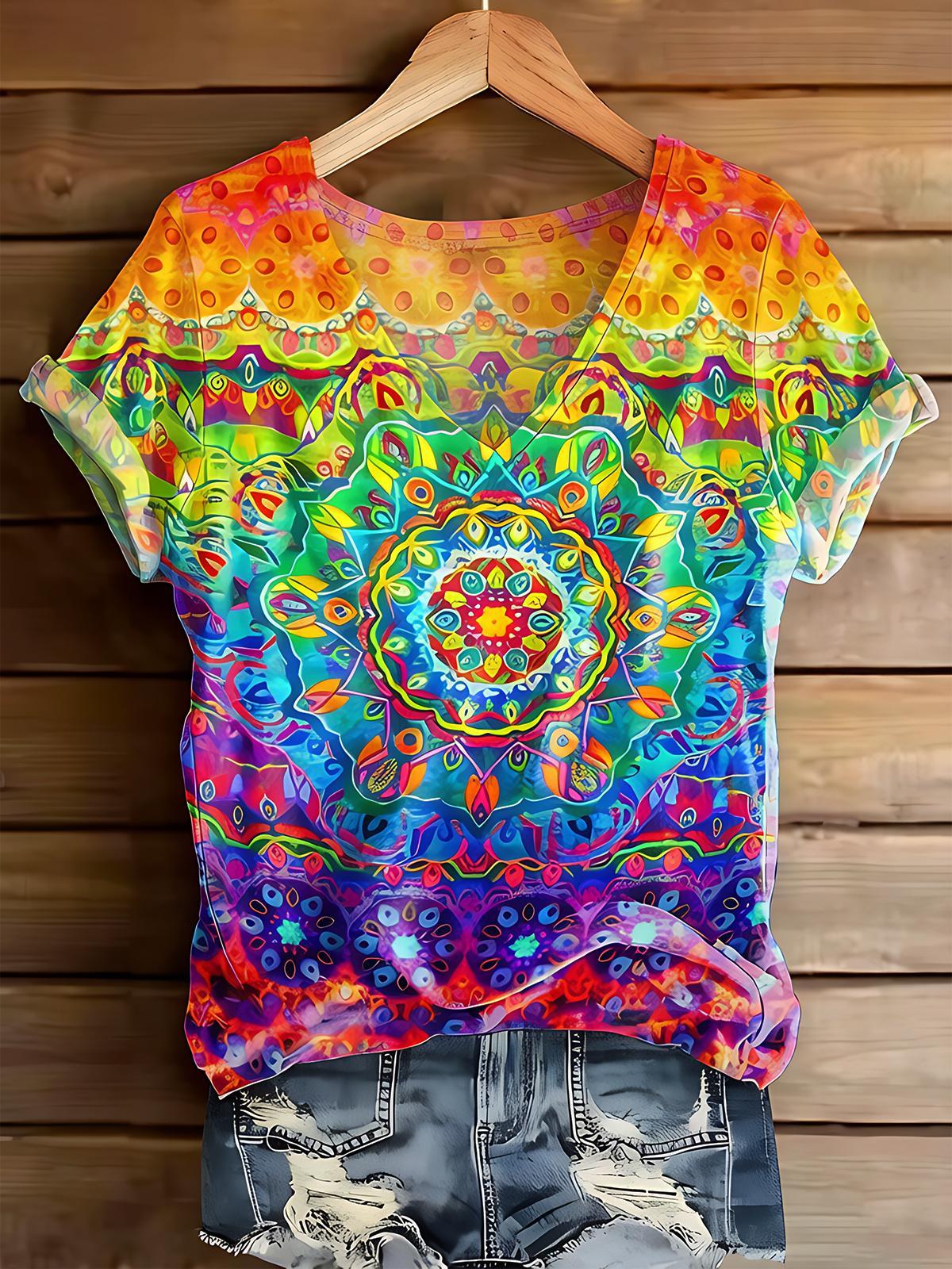 Mandala Kaleidoscope Dazzling Colorful Women's Short Sleeve V Neck T-Shirt
