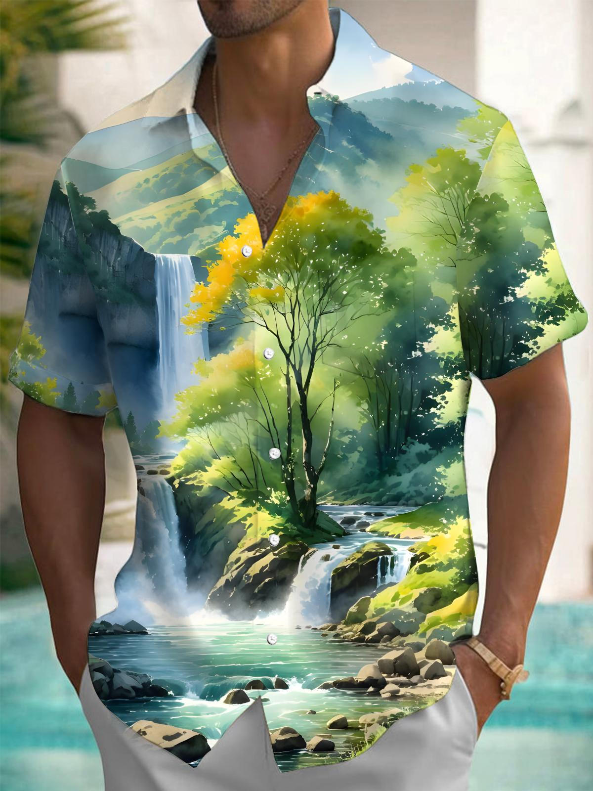 Forest Plants Waterfall Print Men's Pocket Short Sleeve Shirts