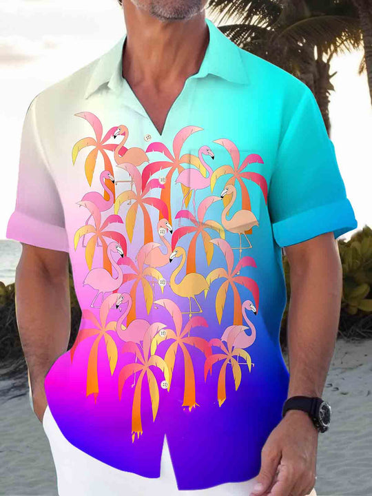 Men's Hawaiian gradient print short sleeve shirt with pocket front view for tropical beach vacation