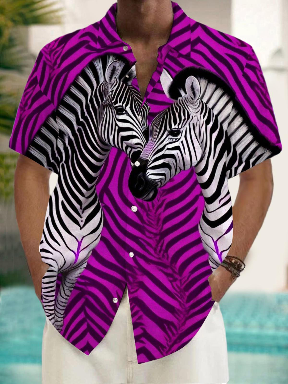 Zebra Stripe Print Short Sleeve Men's Shirts With Pocket