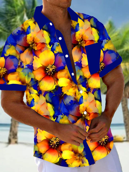Men's blue floral short sleeve shirt back view