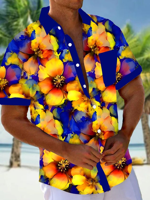 Men's blue floral short sleeve shirt back view