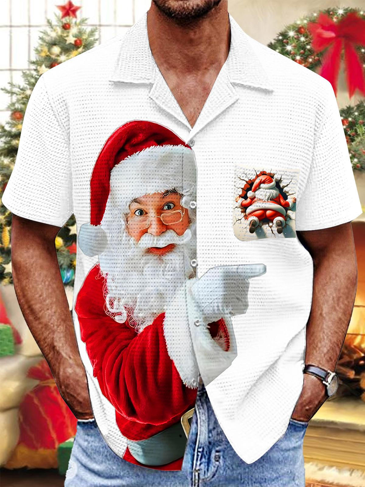 Funny Santa Claus Christmas Xmas Men's Pocket Short Sleeve Cuban Collar Shirts