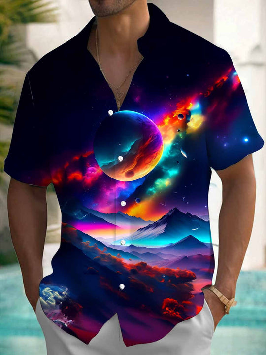 Men's cosmic planet print pocket short sleeve shirt front view