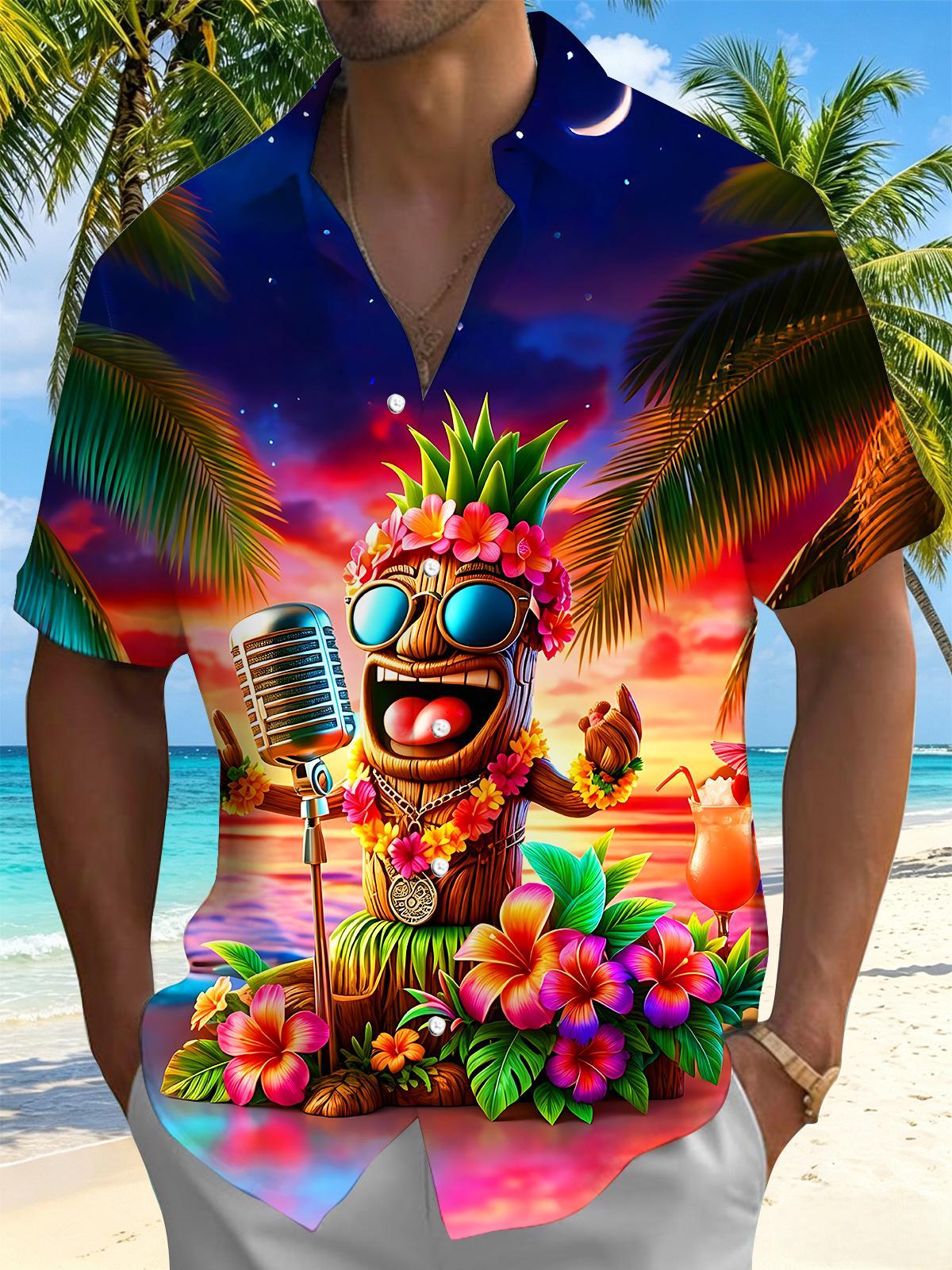 Fun Hawaiian Tiki Pineapple Totem Singing Beach Night Vacation Men's Pocket Short Sleeve Shirts