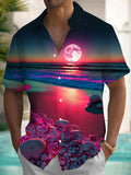 Beach Moon Print Men's Pocket Short Sleeve Shirts