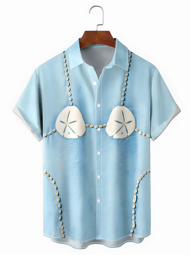 Men's funny shell print Hawaiian short sleeve shirt front view for tropical beach vacation