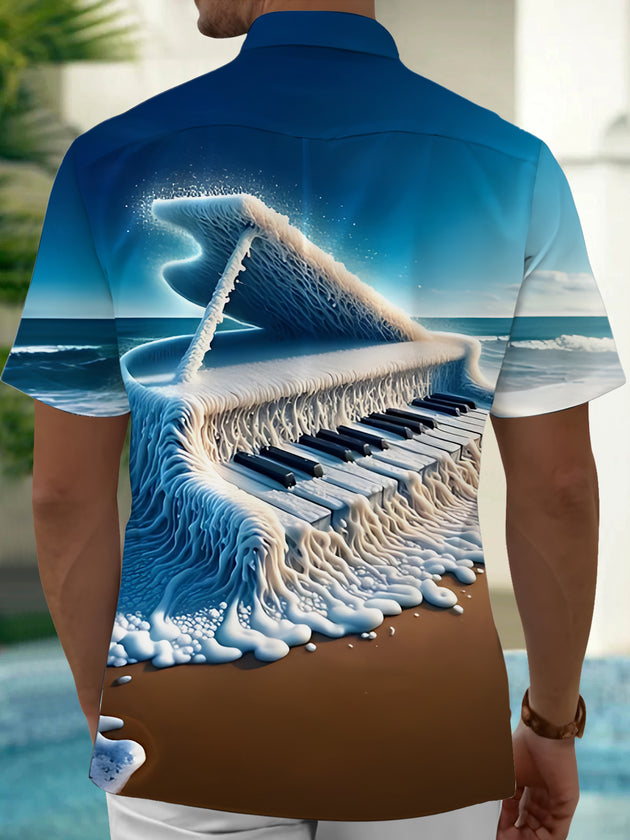 Men's beach piano print short sleeve shirt back view