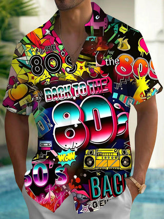 Men's retro music print short sleeve shirt front view