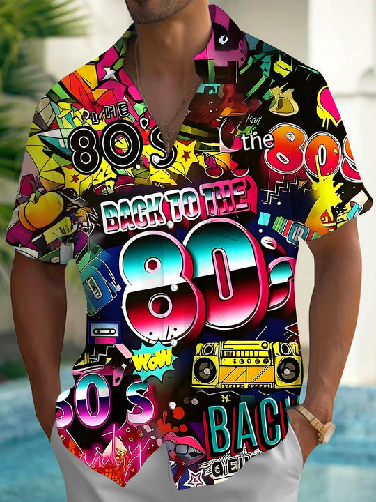 Men's retro music print short sleeve shirt front view