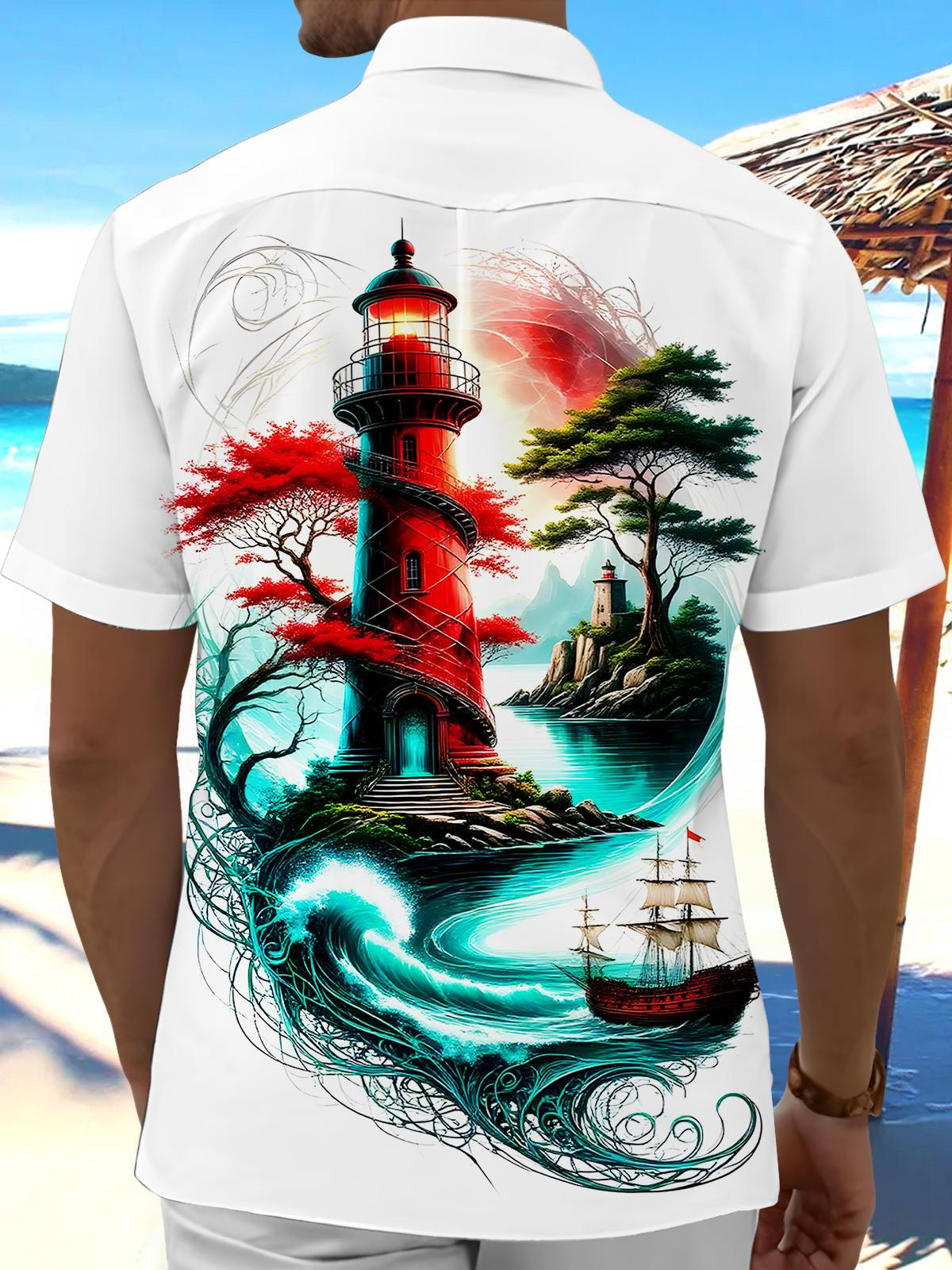 Hawaiian Lighthouse Boat Men's Pocket Short Sleeve Shirts