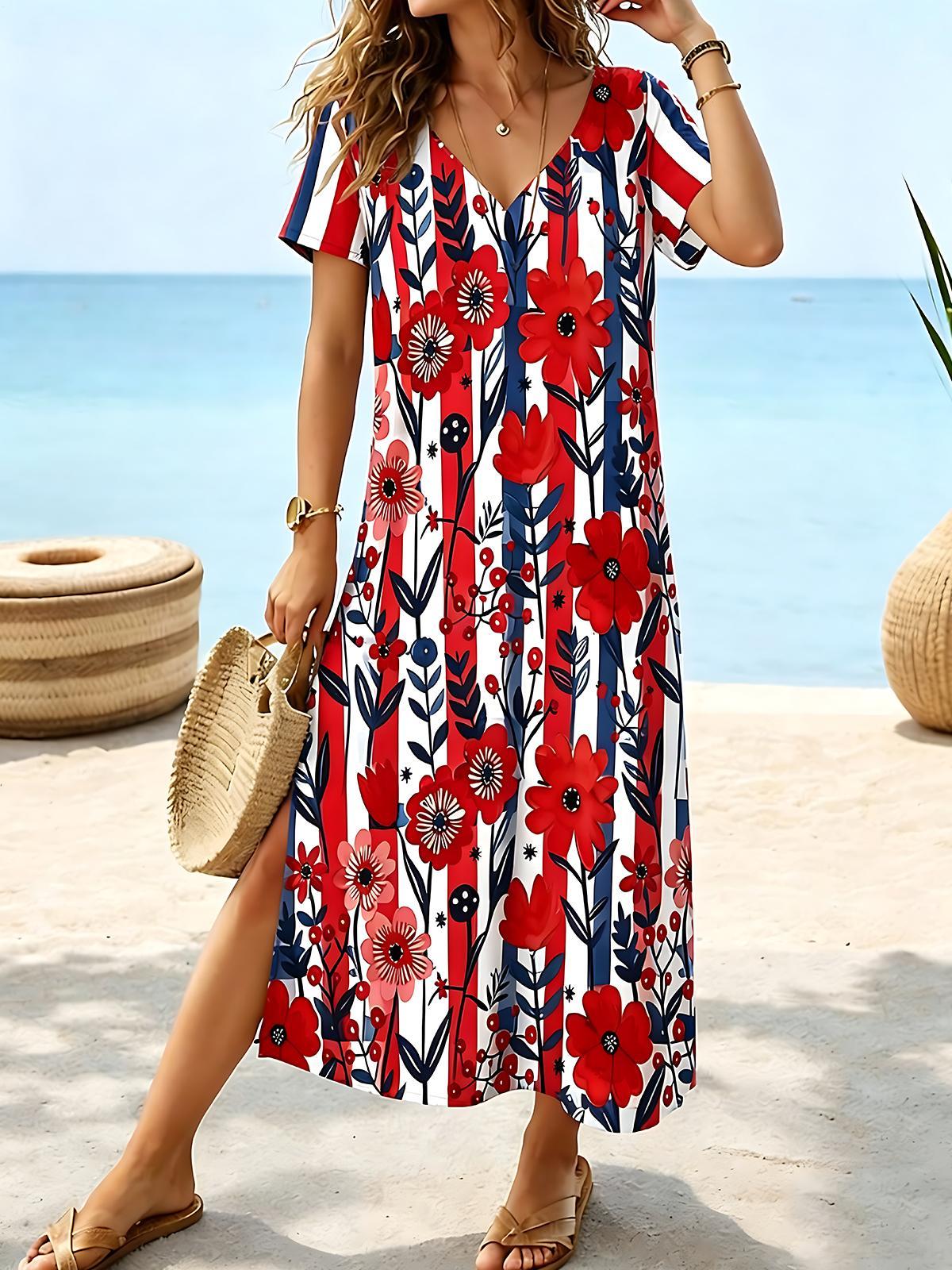 Floral Women's Short Sleeve V Neck Maxi Dress