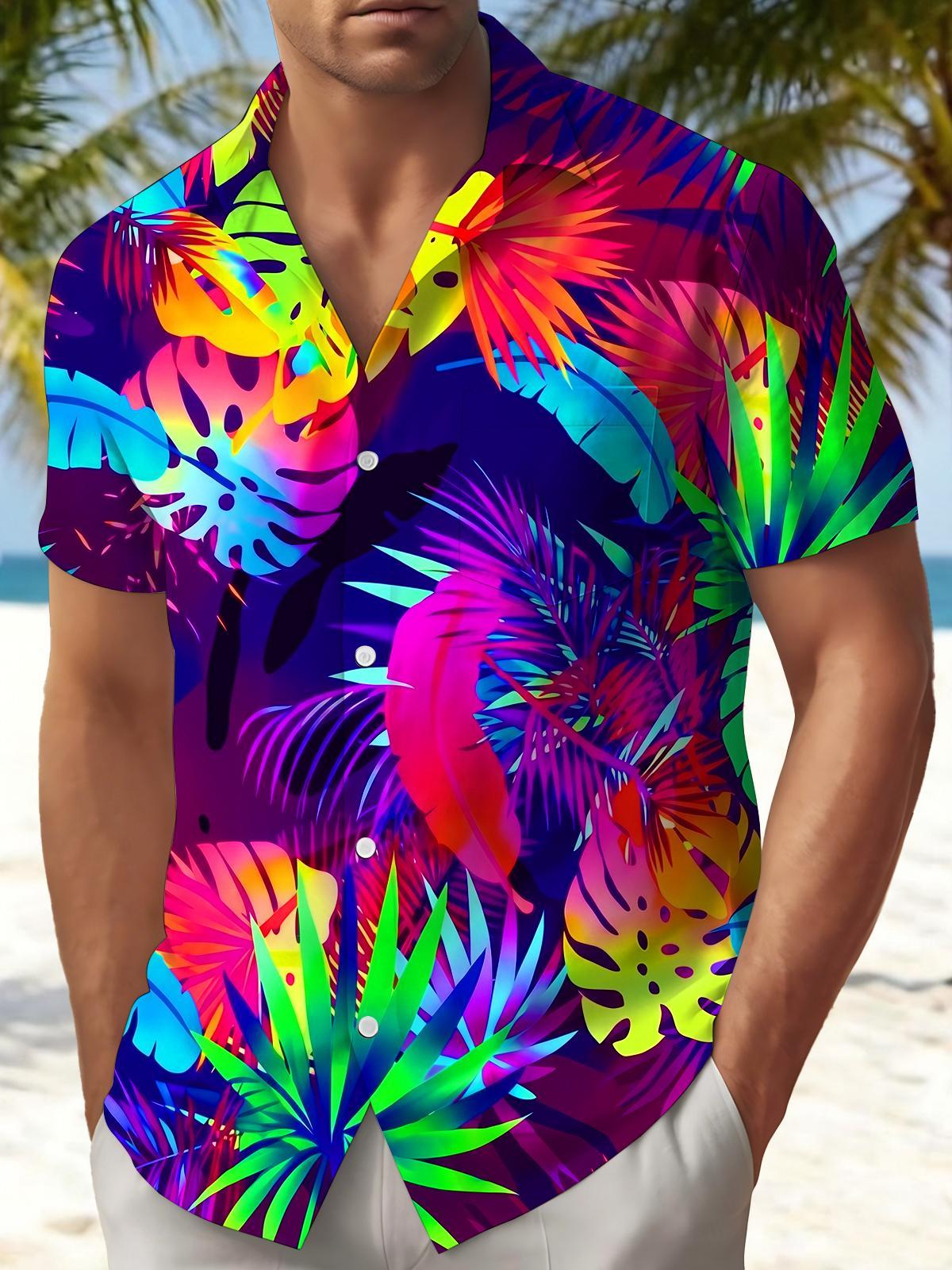 Hawaii Neon Colorful Gradient Tropical Monstera Leaves Plant Men's Pocket Short Sleeve Shirts