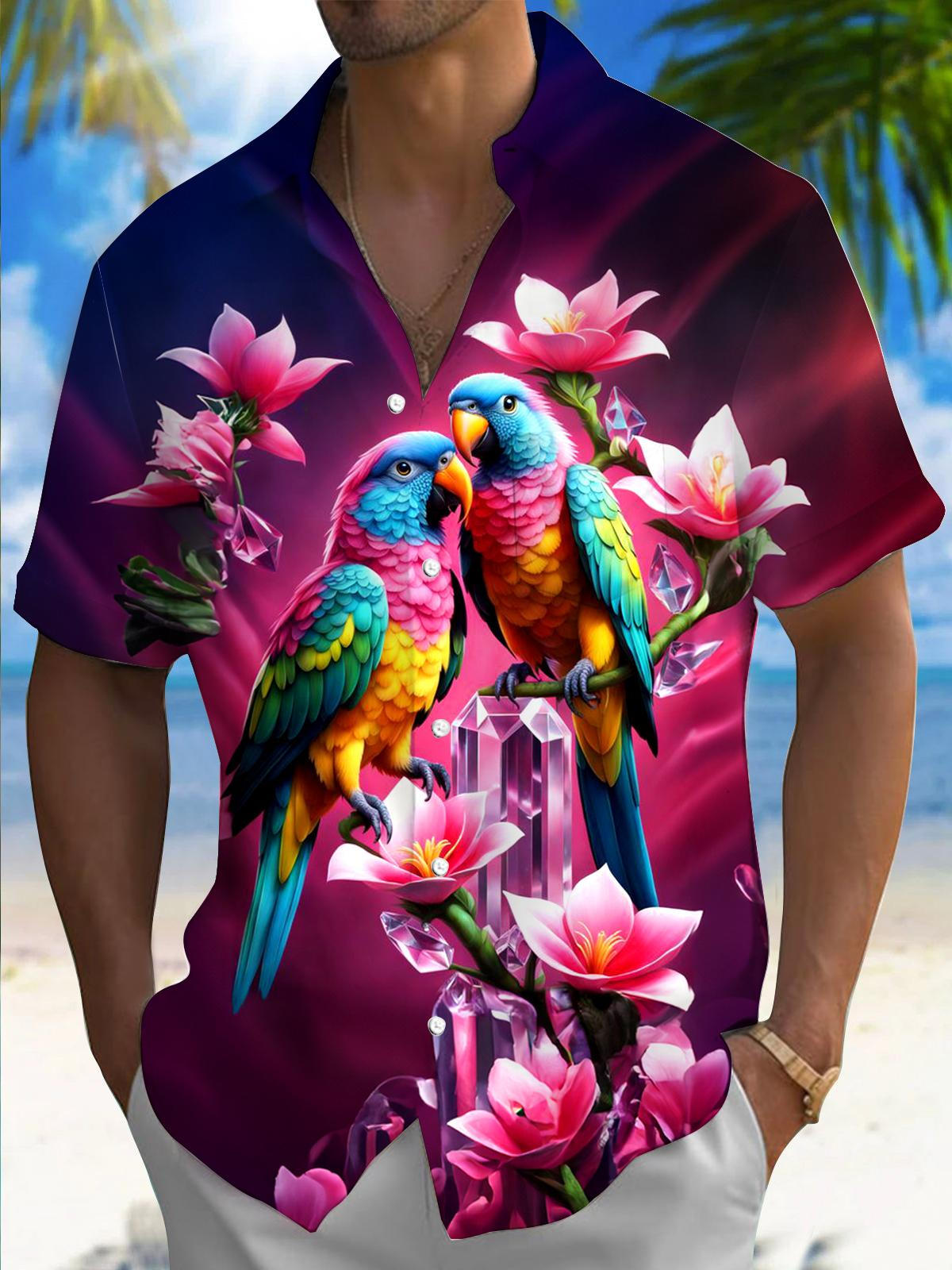 Parrot Floral Print Men's Pocket Short Sleeve Shirts