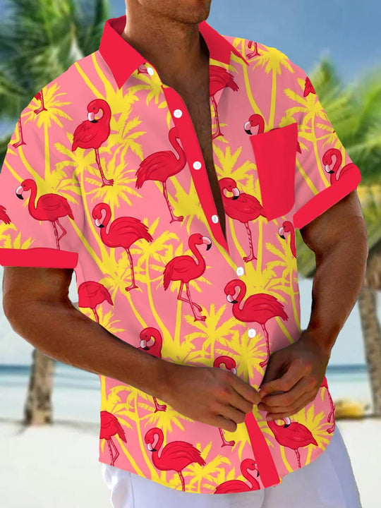 Hawaiian Flamingo Palm Tree Men's Pocket Short Sleeve Shirts