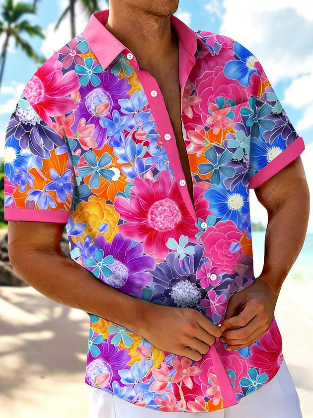 Men's colorful Hawaiian floral short sleeve shirt front view for tropical beach vacation