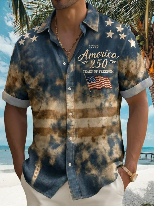 Men retro print pocket short sleeve shirt front view Independence Day