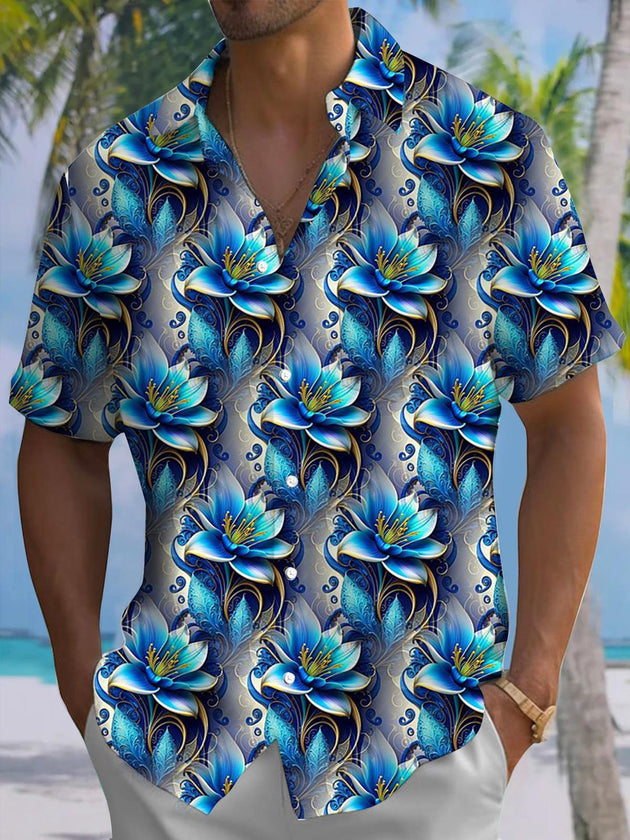 Men's floral print pocket short sleeve shirt front view