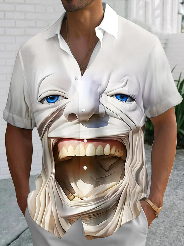 Men's Funny Face Expression Art Relief Short Sleeve Shirt Front View