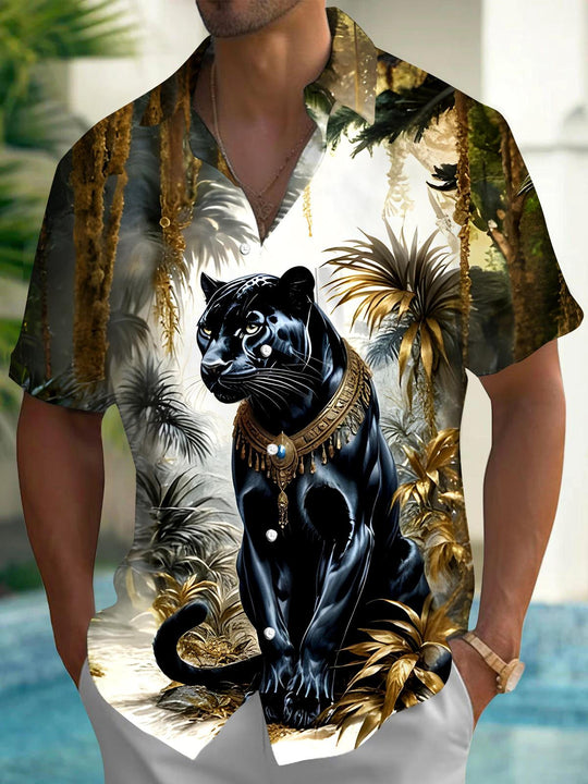 Men's cheetah print pocket short sleeve shirt front view