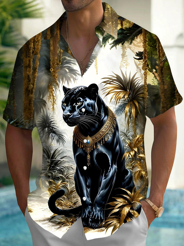 Men's cheetah print pocket short sleeve shirt front view